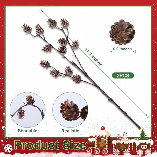 HyeFlora 17 PCS Christmas Norfolk Pine Stems with Small Pinecones and Red Berries Branches,19 Inch Real Touch Artificial DIY Greenery Pine Needles, Faux Cedar Pines Picks for Wreath Garland Xmas Décor