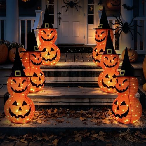 Halloween Decorations Lighted Jack‑O'‑Lantern Pumpkin with Witch Hat, Collapsible LED Light Up Pumpkin with Timer Battery Operated, Halloween Yard Porch Indoor Outdoor Garden Pathway Holiday Decor