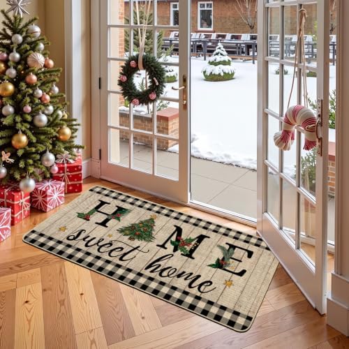 ORTIGIA Christmas Tree Doormat Home Sweet Home Indoor Outdoor Patio Winter Welcome Door Mats Large 17x36 INCH Non-Slip Durable Entrance Mat for Home Entrance Outside Entry Yard Floor Patio