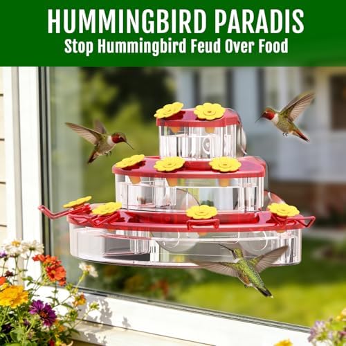 Birdream Window Hummingbird Feeder, Strong Suction Cup Hummingbird Feeder with 9 Feeding Ports & Clean Brush, Attracting Ruby Throated Anna Rufous - Red, 9oz