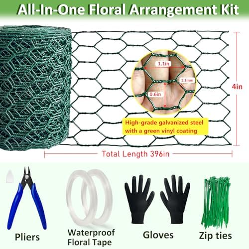 Floral Chicken Wire for Craft Kit,4"x 396" Lightweight Chicken Wire for Floral Arrangement, Hexagonal Galvanized Chicken Wire Netting with Floral Tape, Plier, Tie, Gloves(Forest Green, 4" x 396")