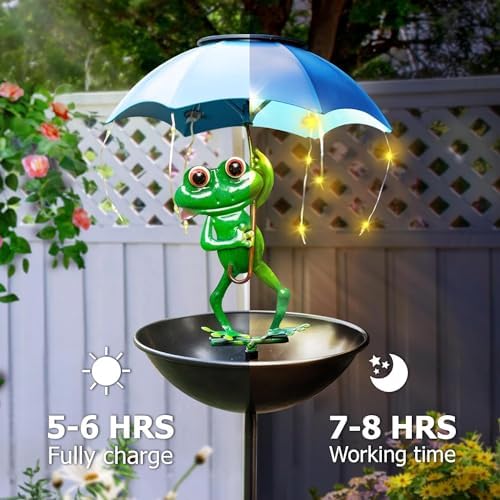 Solar Bird Feeder Frog Garden Decor, Outdoor Solar Lights Frog Figurine Lights with Umbrella, Hummingbird Feeder Decorative Path Lights Gardening Gifts for Women, Yard Art Ornament Bird Feeder