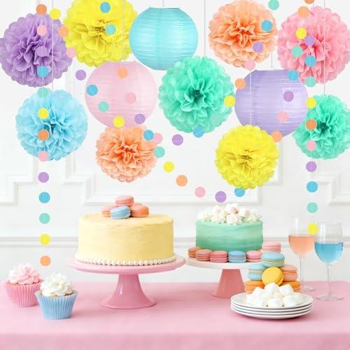14 Pcs Pastel Party Decorations, Paper Pom Poms Lanterns Garland, 8/10 Inch