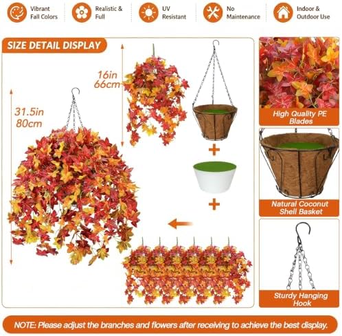 2Set Artificial Fall Hanging Baskets Outdoor Fall Porch Decor Orange