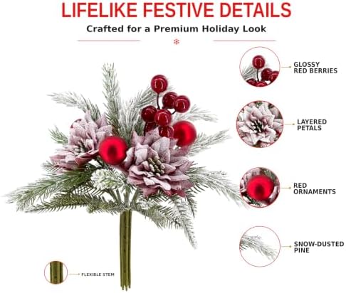 2 Pack Christmas Bouquet Red Winter Artificial Flowers Xmas Decor