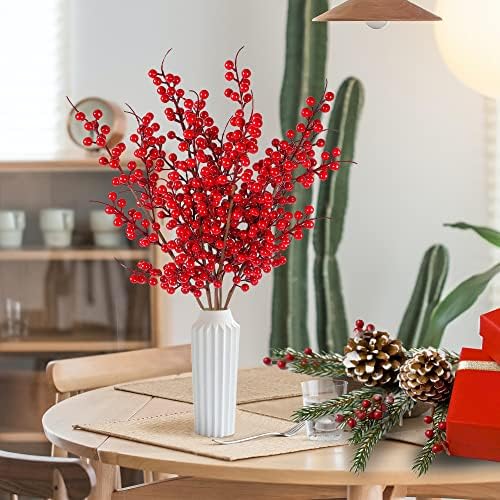 Sggvecsy 6 Pack Artificial Red Berry Stems Christmas Red Berries Holly Berry Branches 25.2 Inches Fake Burgundy Berry Picks for Floral Arrangements Christmas Tree Holiday Home DIY Crafts Decor