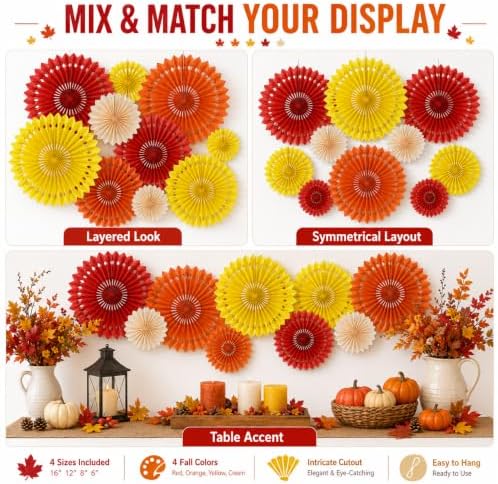 Fall Hanging Honeycomb Round Paper Fans Decoration Autumn Pumpkin Theme Tissue Paper Fan Garland for Shower Birthday Graduation Wedding Party Supplies 11 Count