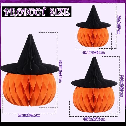 Cinnvoice 3 Pcs Halloween Fall Pumpkin Honeycomb Decor, Smaller, Wicth Hat