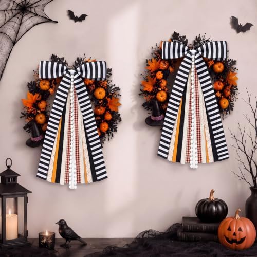 Suncalla 2 Pcs Halloween Black Stripes Ribbon Bow for Wreath Front Door