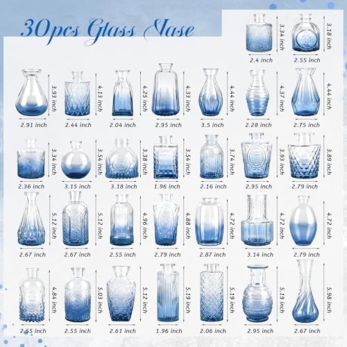 Der Rose 30pcs Glass Bud Vases, Blue Vases for Wedding Home Decorations