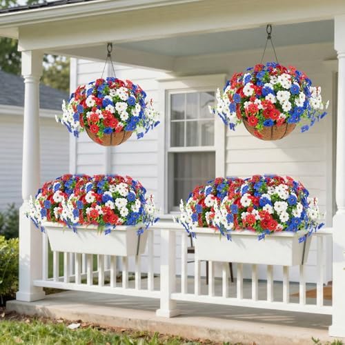 Hananona 2 Set Artificial Outdoor Flowers with Hanging Basket, 2 Hanging Planters with 24 Pcs Patriotic Flowers for Summer Front Porch Patio 4th of July Decor (Red, White, Blue)