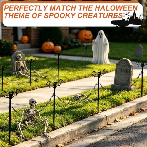 6 Pack Metal Halloween Fence for Outdoor Garden, 23.6" Halloween Graveyard Fence Spooky Yard Cemetery Decorations Bat Lawn Stakes with Connecting Chain for Pathway Haunted House Party Decor