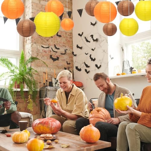 21Pcs Fall Paper Lanterns, 4-10in Yellow Orange Brown, Thanksgiving Decor