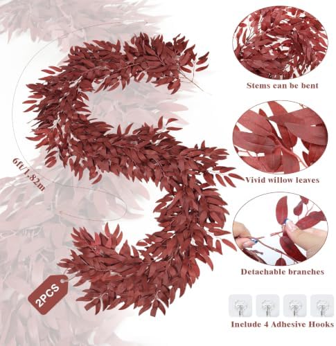 RECUTMS 2Pcs Faux Willow Leaves Vine 6Ft Full Burgundy Fall Garland