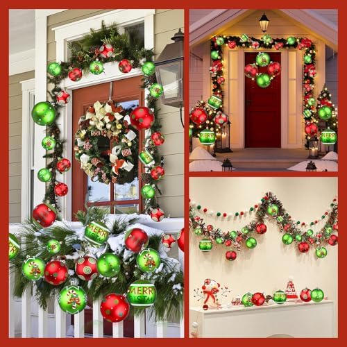 Lanpn 6Pcs 6" Large Outdoor Christmas Ornaments, Xmas Tree Elf Swirl Ball Decoration, Big Red Green Christmas Ornament, Giant Glittering String Ball Plastic Hanging Decor for Lawn Yard Holiday Party