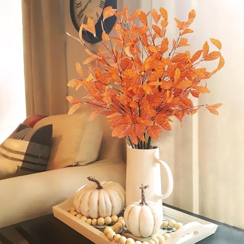 Uieke 18 Pcs Artificial Fall Eucalyptus Stems with Fall Leaves, Orange