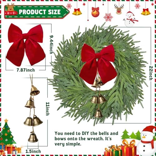 22" Christmas Norfolk Pine Wreath with Bow & Bells for Front Door Decor
