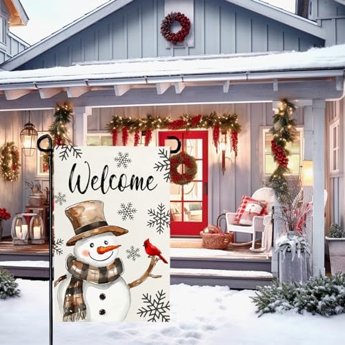Winter Snowman Welcome Garden Flags Double Sided 12 x 18 inch Snowflakes Yard Flags Snow Burlap Garden Flag for Outside Yard Garden Porch Lawn Farmhouse Decoration