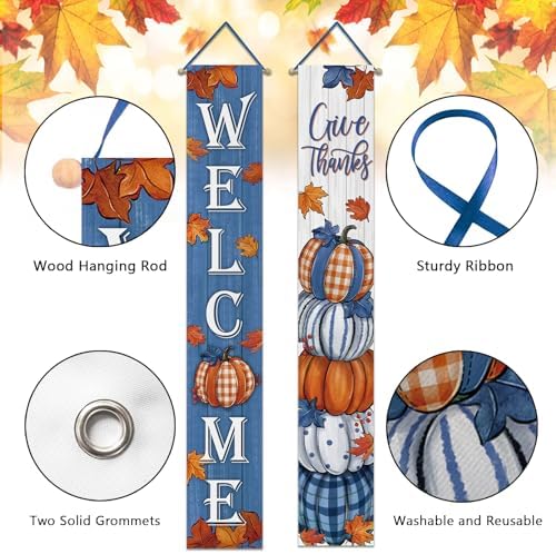 Deroro Welcome Fall Thanksgiving Pumpkin Porch Banner Sign, Blue Autumn
