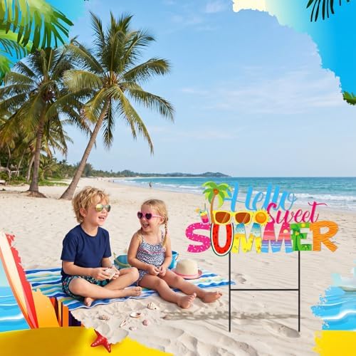 Amyhill Hello Sweet Summer Metal Garden Stakes Hawaiian Style Outdoor Yard Decorations with Stakes Tropical Beach Pool Decor Sign for Home Lawn Porch Backyard Holiday Decor