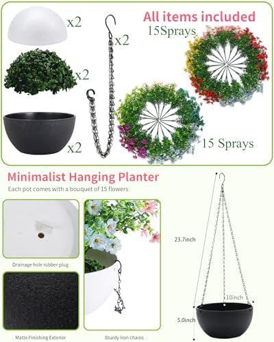 2 Sets Artificial Hanging Plants Flowers with Basket for Outdoors