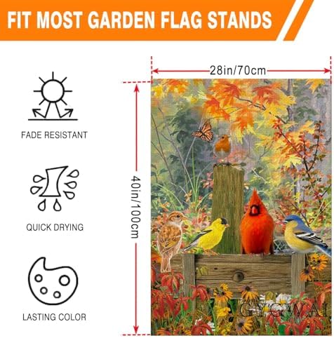 Fall Cardinal Maple Leaves House Flag 28x40 Inch Double Sided, Autumn Large Burlap Yard Flag for Outside Seasonal Thanksgiving Decoration