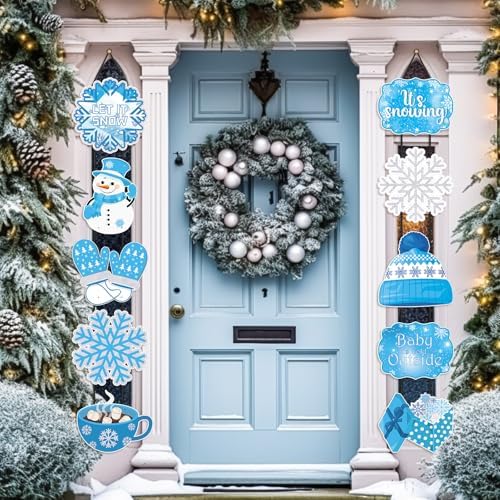 CroBlissful 2 Sets 10 Pcs Christmas Welcome Winter Porch Sign, Blue
