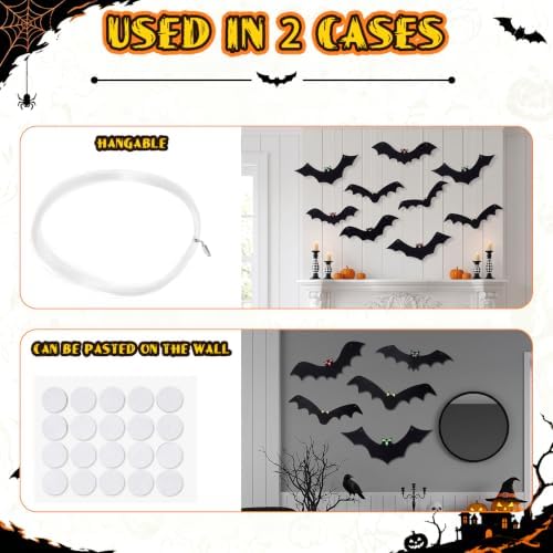 12pcs Halloween Hanging Bats | 1200 sqft Halloween Spider Webs and 50pcs Fake Spiders | Super Stretch Cobwebs Party Decorate for Halloweens Theme Indoor and Outdoor Decoration