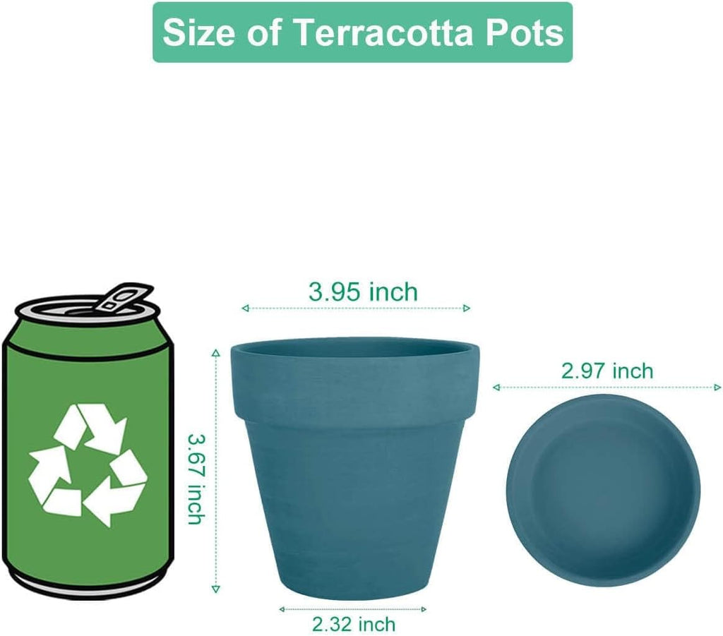 4 Inch Steel Blue Terracotta & Clay Pots with Saucer, 6 Pack | Medium Terra Cotta Planter with Drainage, Flowerpot for