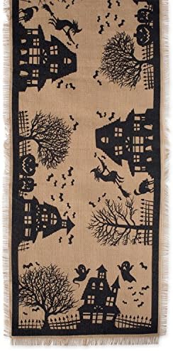 DII Halloween Primitive Style Burlap Tabletop Décor, Spooky Haunted House Jute, Table Runner, 14x74, Black & Tan