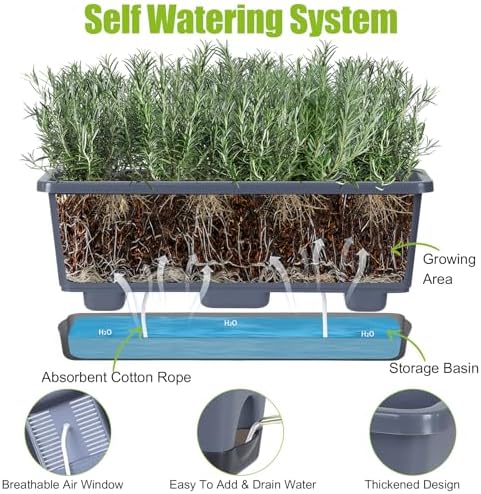 Window Box Planter 4 Packs, 17 Inches Rectangle Flower Pots with Drainage Holes & Trays, Pots for Vegetables, Herbs, Flowers, Garden Windowsill Balcony (Grey, 17 * 5.1 * 6 inch)