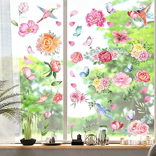 79 PCS Spring Window Clings,Spring Flower Window Clings for Glass Windows,Double-Sided Birds Floral Butterfly Window Stickers for Spring Decor (9 Sheets)