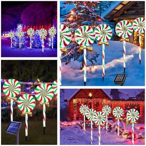 Christmas Solar Lollipop Pathway Lights 5 Pack Outdoor Candy Cane Stake Light with Bow Waterproof Walkway Xmas Outsides Garden Yard Lighting Landscape Decorative Decoration