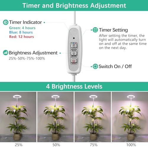 LORDEM Full Spectrum LED Grow Light, 72 LEDs, 4 Brightness Settings, Auto On/Off Timer, Height Adjustable, Ideal for Indoor Plants