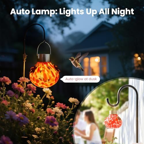 Hummingbird Feeder with Solar Light, Auto-Lighting Lamp for Garden Decor, 3 Feeding Ports Attract More Birds, Outdoor Waterproof Glass Hummingbird Feeder, Red