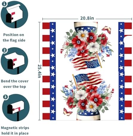 4th of July Flowers Mailbox Cover 25”x21” Independence Day Mail Box Covers Magnetic Oversized USA Floral American Flag Stars Stripes Decorative Mailbox Post Letter Cover Box Wraps for Home Garden Yard