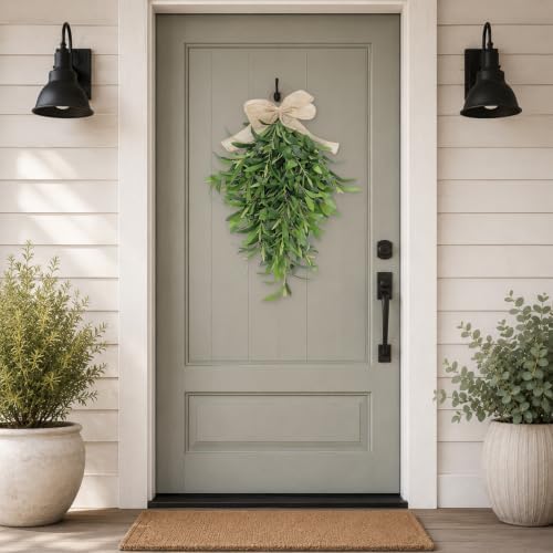 2 Pack 22 Inch Olive Branch Swag for Front Door, Artificial Teardrop Wreaths with Burlap Bow, Faux Greenery Front Door Swag for Spring Summer Farmhouse Covered Porch Wall