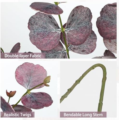 33.8" Tall Faux Eucalyptus Stems Real Touch Artificial Greenery Stem, Faux Eucalyptus Stems Silver Dollar Leaves, Fake Greenery Stem for Bridal Wedding Bouquet Vase Table Centerpiece, Purple, 6Pcs