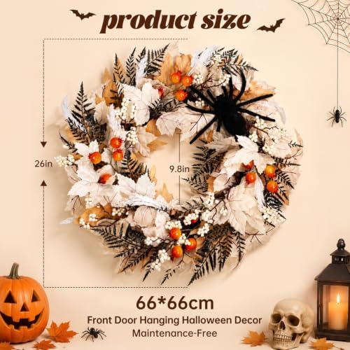 26" Halloween Wreaths for Front Door with Spider, Maple Leaf