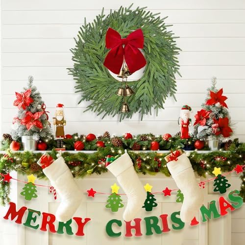 22" Christmas Norfolk Pine Wreath with Bow & Bells for Front Door Decor