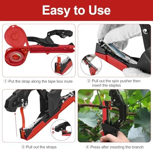 Upgraded Plant Tying Machine Gun to Tie Up Vine Tomatoes and Grapes Quickly Garden Tape Tool for Gardeners Farmers with SK5 Blade Replacement Garden Tapes and Staples
