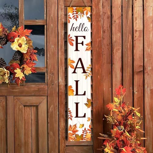 HELLO FALL Porch Sign, 47.2 Inch Wooden Vertical Sign, Maple Leaf Decor