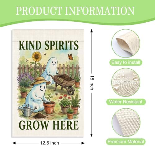 Kind Spirits Grow Here Garden Flag, Halloween Ghost Gardening Decor, 12 x 18 Inch Double Sided Cute Floral Planting Yard Flag, Halloween Gifts for Gardener Neighbor Friend Family Plant Lover