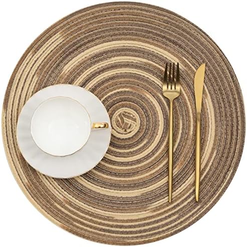 SHACOS Round Braided Placemats 15 inch Set of 4 Variegated Washable Kitchen Table Place Mats Table Mats for Home Wedding Party (Rainbow Brown, 4)