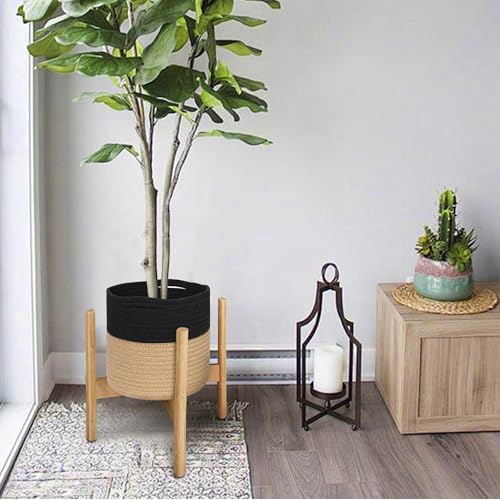 MEGASKET Wicker Plant Basket Indoor, 8"x8"x8" Jute Spliced Cotton Rope Basket Planter up to 7" Pot, Modern Woven Flower Tree Pots Cover, Small Floor Indoor Planters, Home Decor Storage Bin