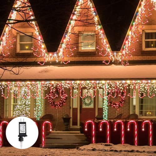 DAMEING 10 Pack 21in Christmas Candy Cane Lights, Pathway Lights Waterproof Christmas Decorations Outdoor 8 Lighting Modes with Buttom Control for Party Patio Landscape Garden Lawn Yard Decor, Red