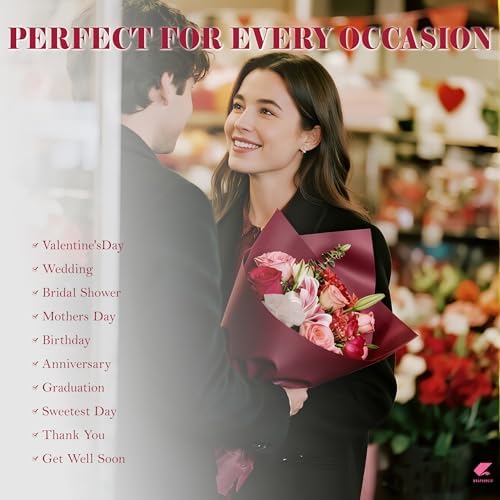 WRAPAHOLIC 20 Sheets Red Flower Wrapping Paper - 22.4 x 22.4 inch Cherry Red Water-Resistant Floral Bouquet Wrapping Paper, Florist Supplies Packaging for Valentine's Day Birthday Christmas Gift DIY