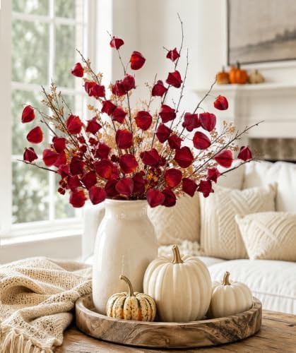 Oairse Artificial Chinese Lantern Flowers Stems - 6 Pcs Artificial Physalis Stems Faux Plants 29.5" Bendable Dark Red Fake Fall Berry Branches for Vase Bouquets Wedding Home Office Halloween Decor