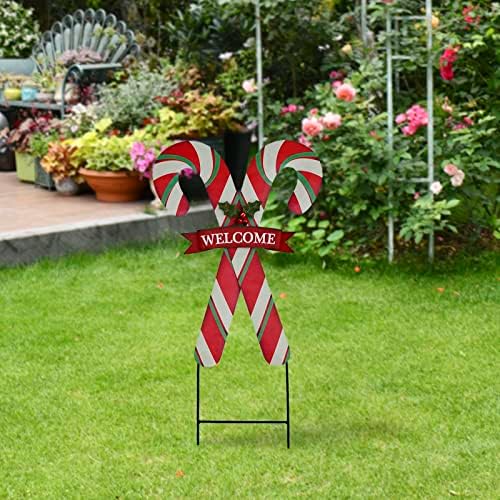 Christmas Candy Cane Garden Stake Decor, Metal Candy Cane Hanging Welcome Sign Outdoor Yard Sign Lawn Stake 27.5"H, Merry Christmas Yard Decor Xmas Holiday Decoration