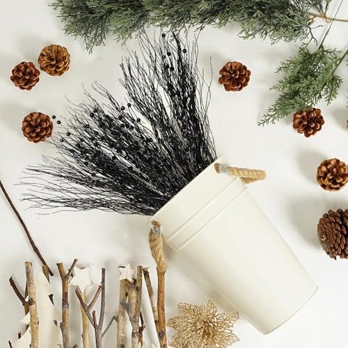 SLK 16-Pack Artificial Glitter Berry Stem Ornaments, Christmas and Halloween Decorative Glittery Twigs, Picks, Branches for Tree, Wreath, Small Vase, Halloween Party (Black)